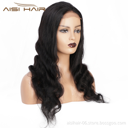 Aisi Hair Top Quality 22 Inch Long Wavy Natural Black Wig Body Wave Swiss Lace Wig Synthetic Hair Lace Front Wigs For Women